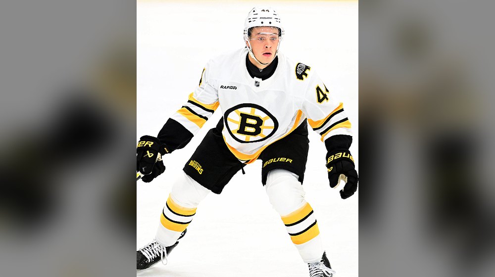 James Hagens skating for the Bruins